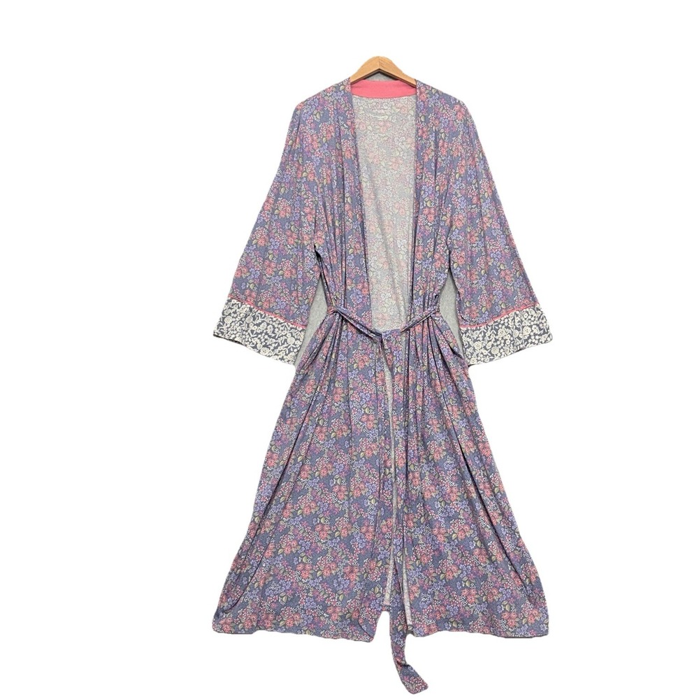 J Jill Sleep Long Robe Ultra soft Piped Cuffed Floral Belted Pockets Size 3X